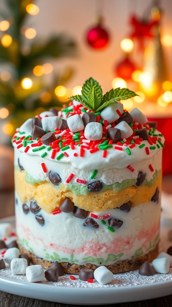 Cute Christmas Wallpaper Night Recipe A layered Christmas dessert with sprinkles, marshmallows, and chocolate chips, set against a backdrop of holiday lights.